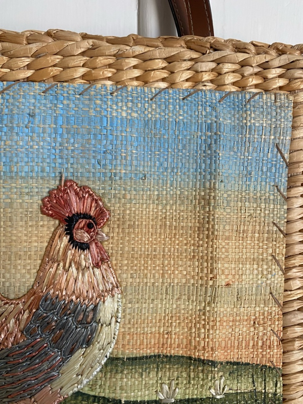 Vintage Woven Straw Tote with Rooster Panel - Brown, Tan, Blue, Green - Picture 3 of 10